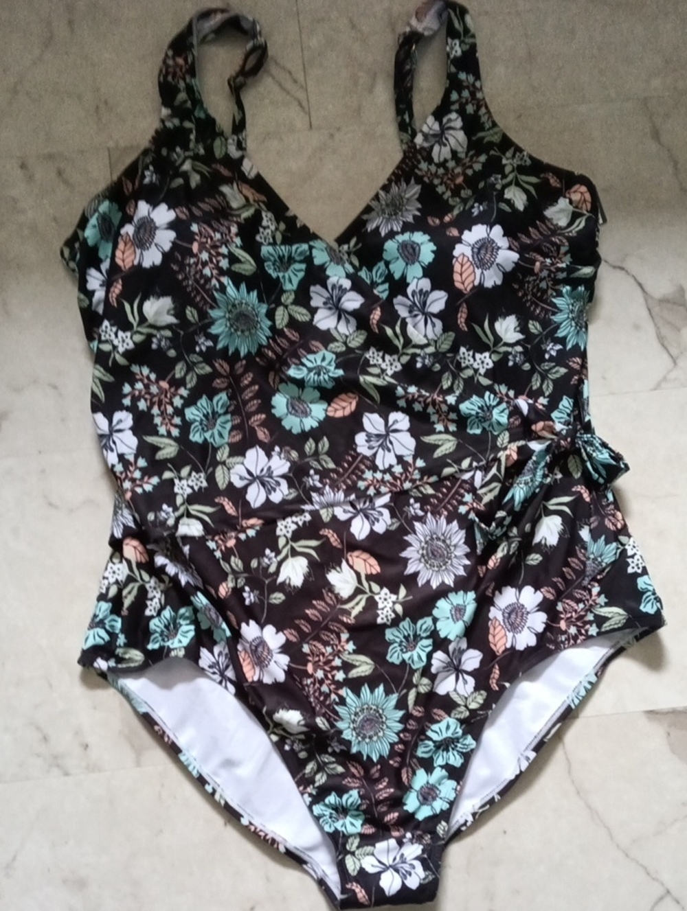 Floral Wrap One-Piece Swimsuit in Black with Mint and White